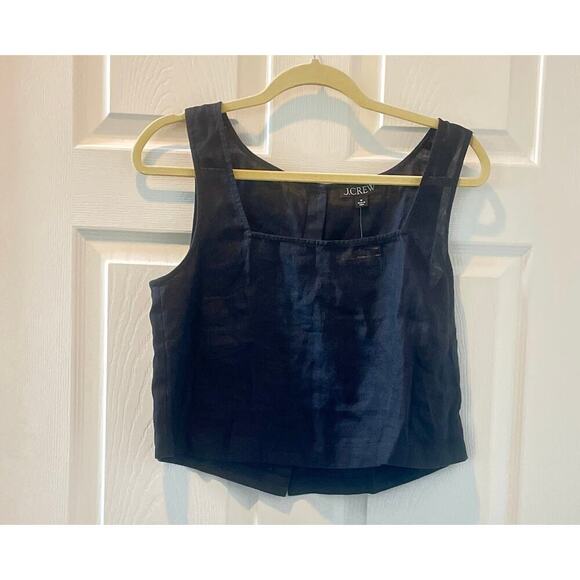 J.Crew Linen Square Neck Cropped Button Black Tank Black Sz M #595 - Picture 3 of 6